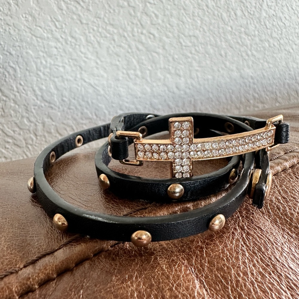 Black/gold/rhinestone cross wrap bracelet
